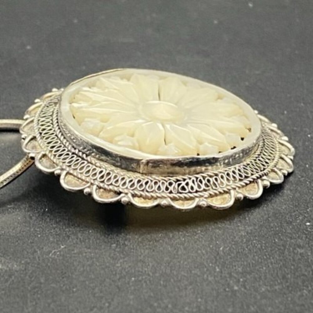 Vtg 950 Sterling Silver MOP Brooch Pendant Necklace Intricate Jerusalem 18” 14g - Picture 8 of 11